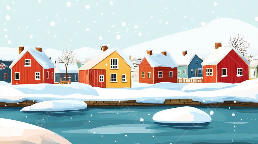 Vila de Inverno Casas Coloridas Neve Rio Congelado