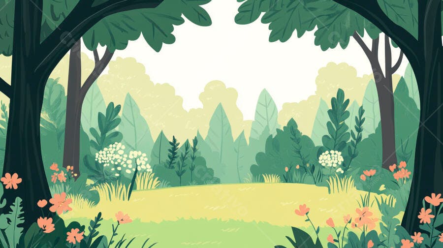 Ilustração Floresta Verde Clima de Primavera Desenho Vetorial