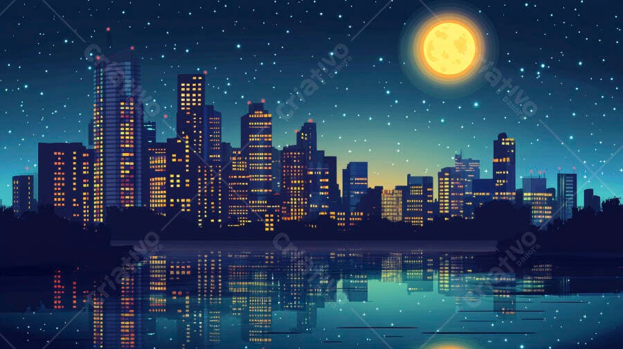 Ilustração Cidade Noturna Pixel Art Lua Cheia Reflexo Água