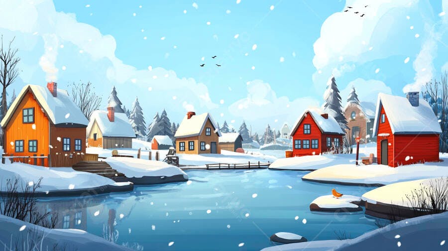 Ilustração Vila de Inverno Nevasca Casas Coloridas Lago Congelado