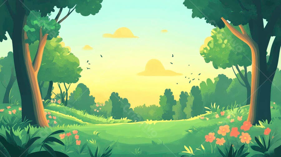 Ilustração Floresta Verde Sol Nascente Campo Aberto