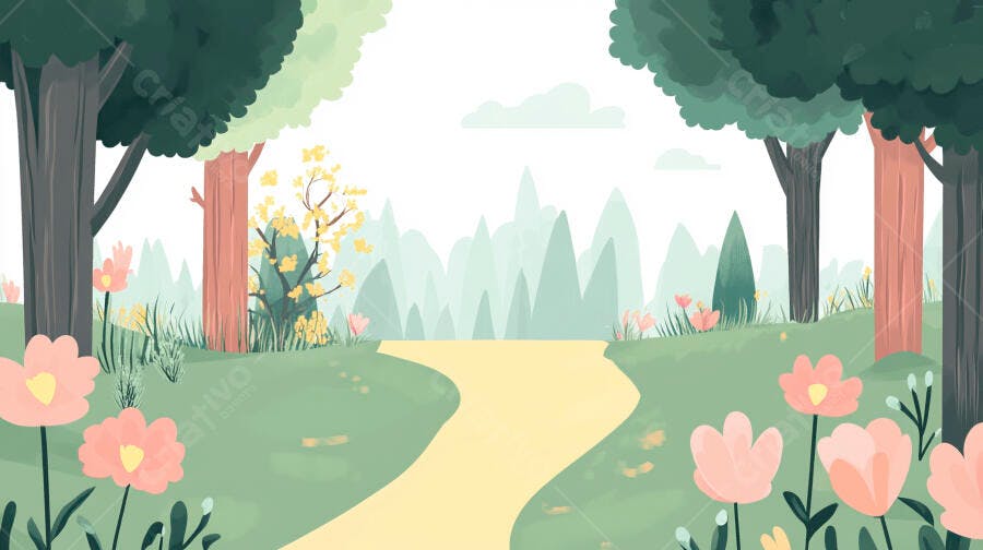 Ilustração Caminho Floresta Primavera Flores Rosas