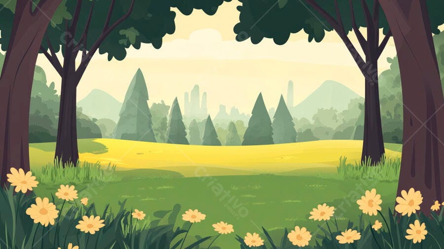 Paisagem Floresta Verde Campo Flores Amarelas Desenho