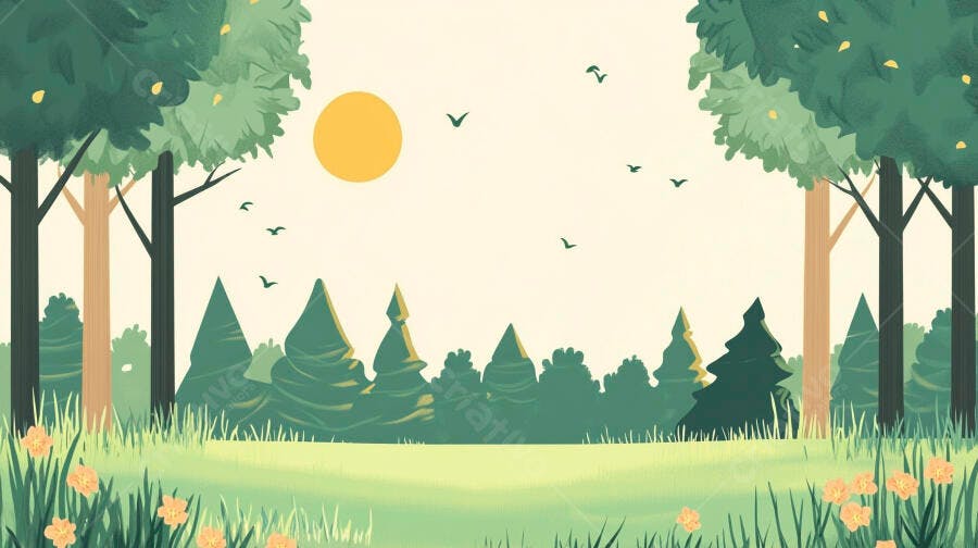 Ilustração Floresta Verde Sol Pássaros Céu Claro