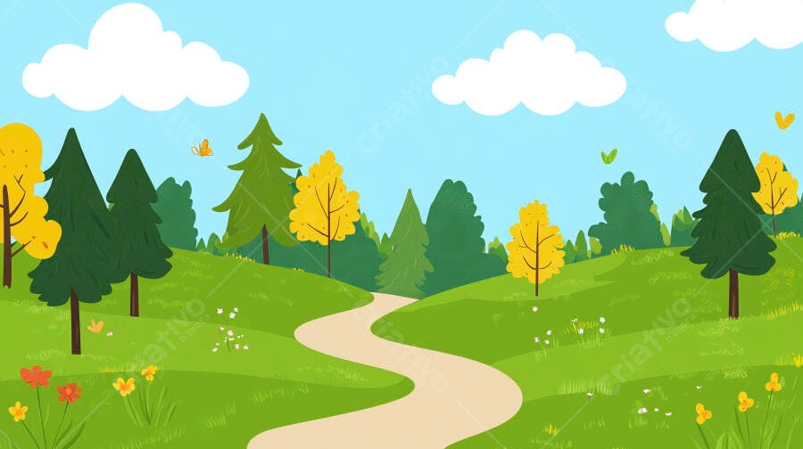 Ilustração Caminho Floresta Verde com Árvores e Nuvens Clima Ensolarado