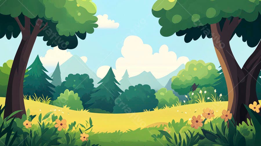 Ilustração Cenário Floresta Desenho Animado Montanhas Verdes