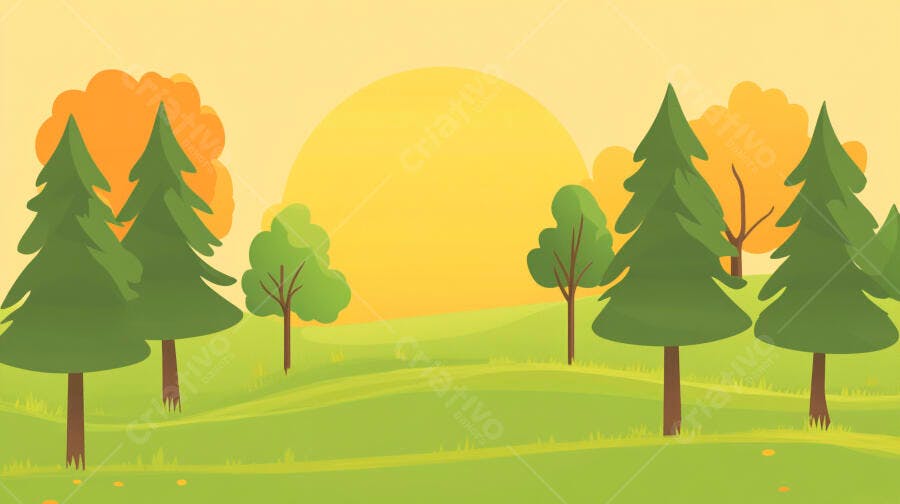 Ilustração Paisagem Floresta Pôr do Sol Desenho Animado