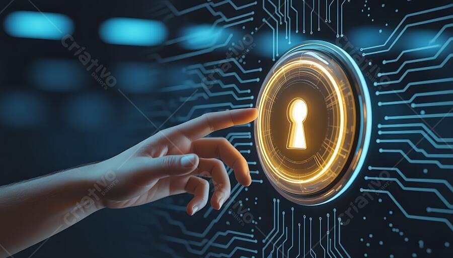 Foto Mão Pressionando Botão de Cadeado Digital Segurança Cibernética