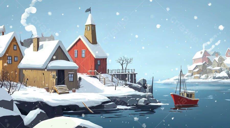 Ilustração Vila de Inverno Nevando Barco Vermelho Mar Congelado