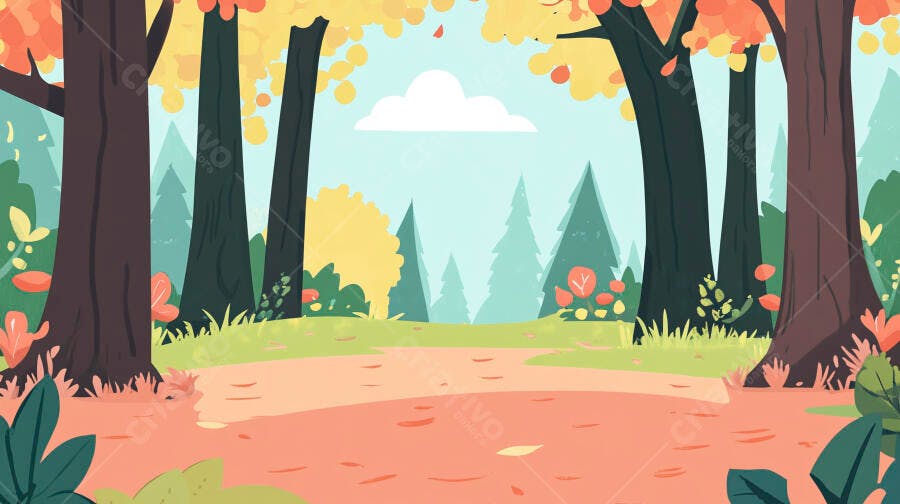 Ilustração Floresta Outono Caminho Folhas Caídas Desenho Animado