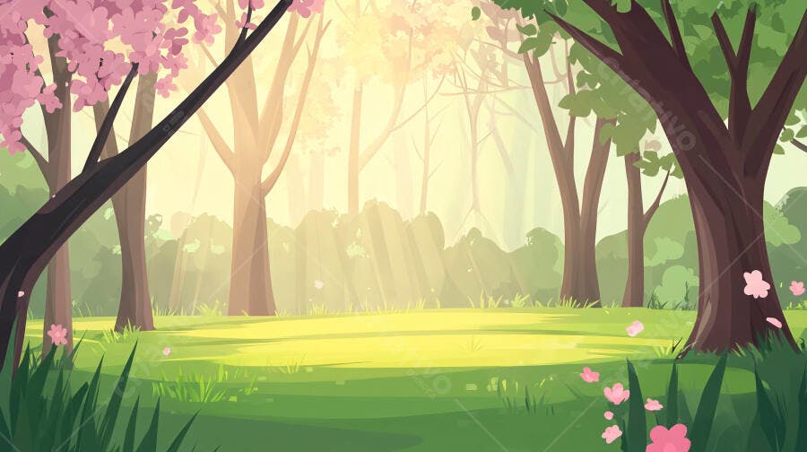 Ilustração Floresta Primavera Árvores Rosas Sol Raios Luz