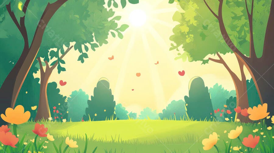 Ilustração Floresta Encantada Luz do Sol Flores Primavera