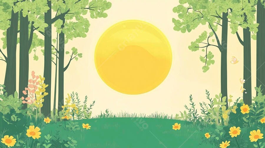 Ilustração Sol Brilhante Floresta Verde com Flores Amarelas