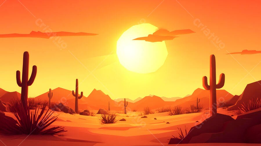 Ilustração Deserto Cactos Pôr do Sol Laranja e Amarelo