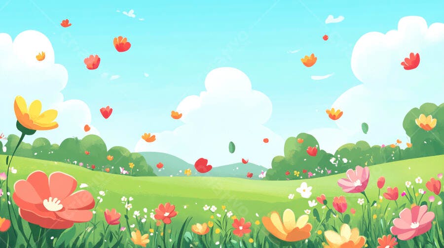 Ilustração Campo de Flores Coloridas Primavera Céu Azul