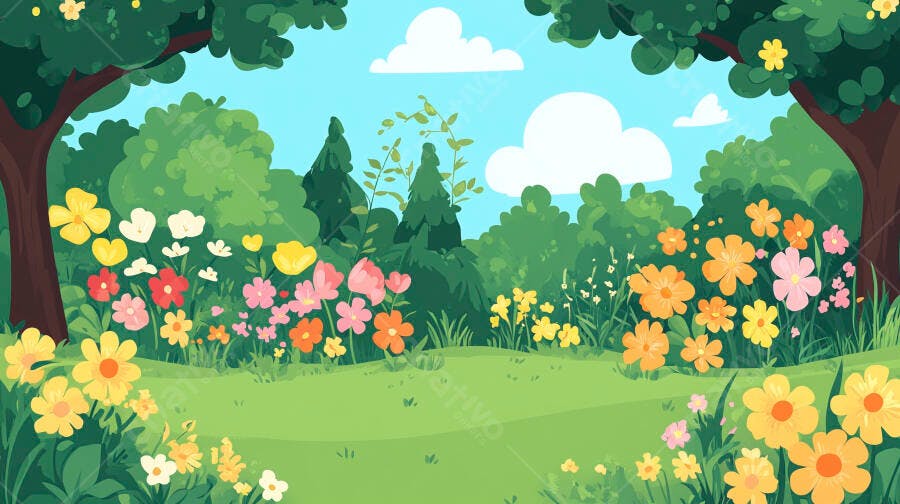 Ilustração Jardim Flores Coloridas Gramado Verde Céu Azul