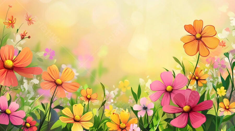Ilustração Flores Coloridas Campo Primavera Fundo Amarelo