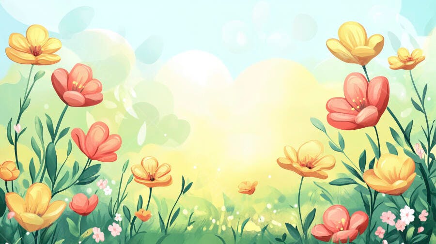 Ilustração Campo de Flores Amarelas e Rosas Primavera