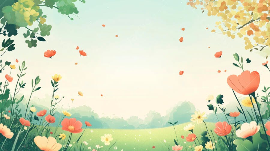 Ilustração Campo de Flores Primavera Fundo Verde Céu Azul