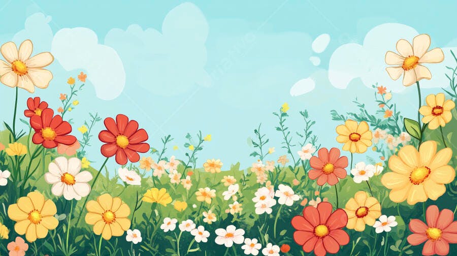 Campo de Flores Coloridas Primavera Verão Fundo Azul Céu