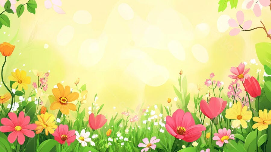 Fundo Primavera Flores Coloridas Grama Verde Ilustração