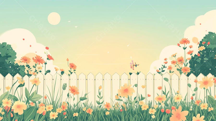 Ilustração Jardim Flores Amarelas Cerca Branca Primavera