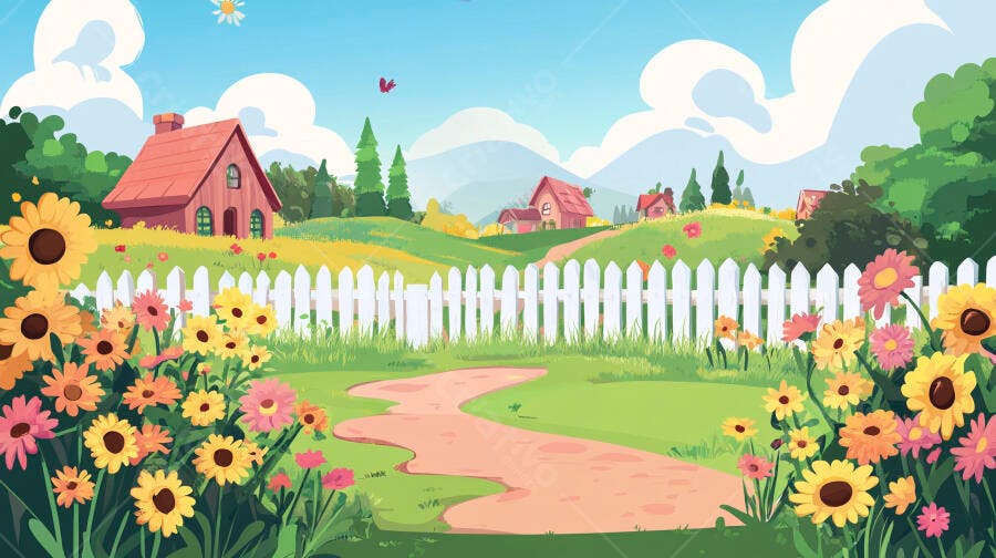 Ilustração Campo Flores Casas Cerca Branca Caminho