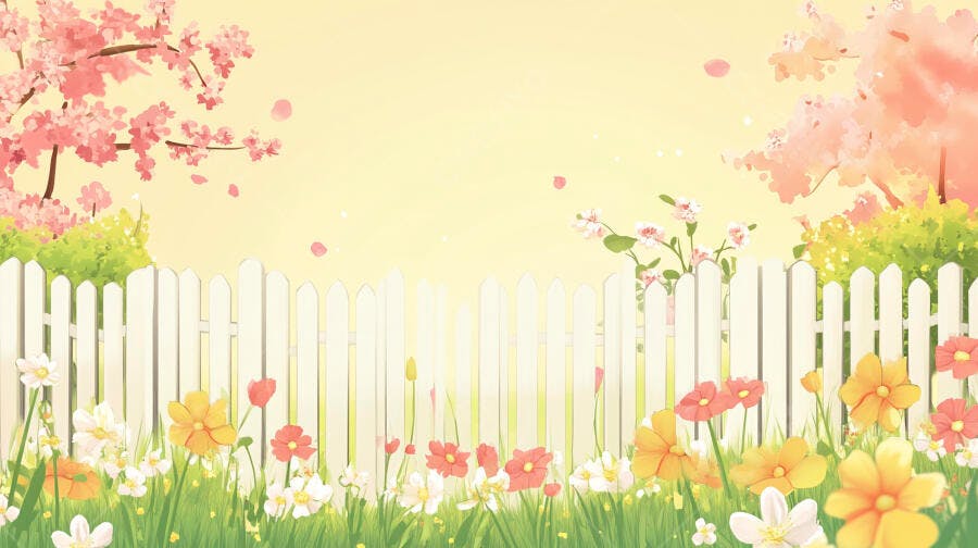 Ilustração Jardim Primavera Flores Rosas Cerca Branca