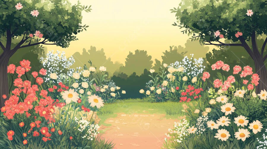 Ilustração Caminho Jardim Flores Árvores Verdes Primavera