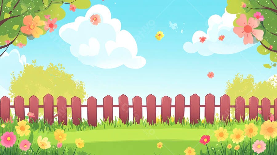 Ilustração Jardim Cerca Flores Grama Céu Azul