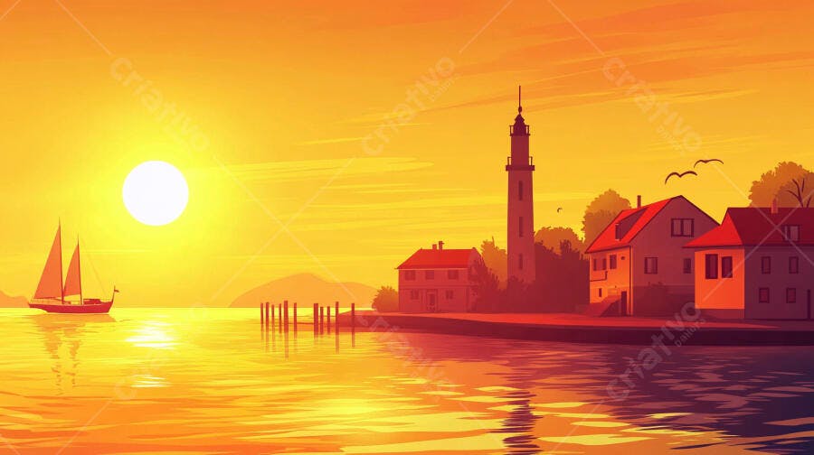 Ilustração Pôr do Sol Mar Barco Vela Cidade Costeira