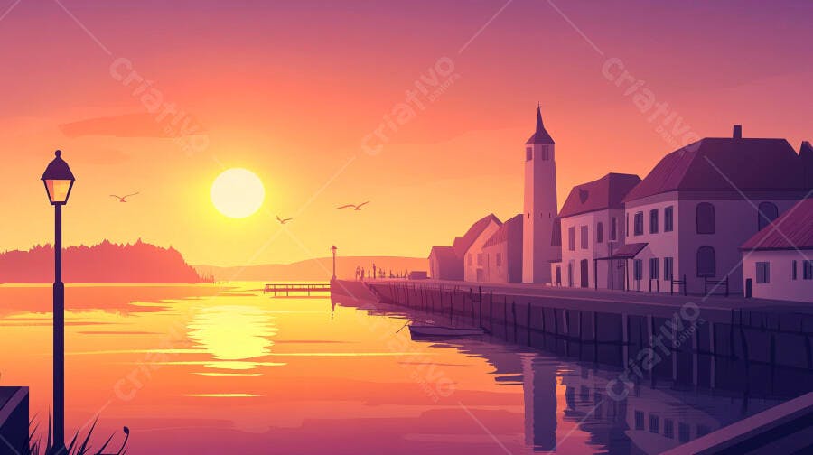 Ilustração Pôr do Sol Cidade Europeia Beira Rio