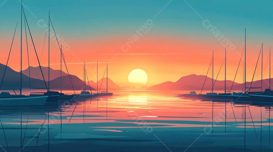 Ilustração Pôr do Sol Barcos Mar Montanhas Laranja Azul