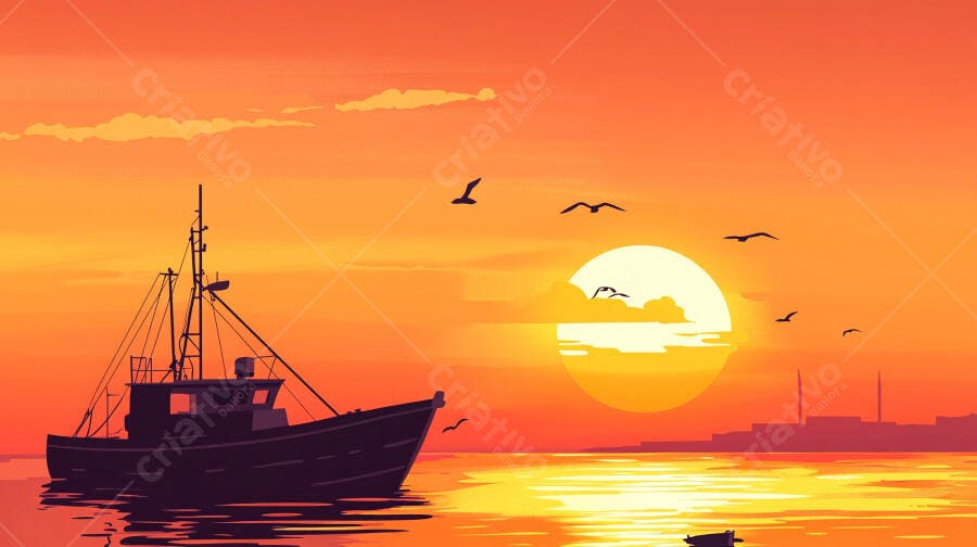 Ilustração Barco de Pesca no Pôr do Sol Mar Laranja