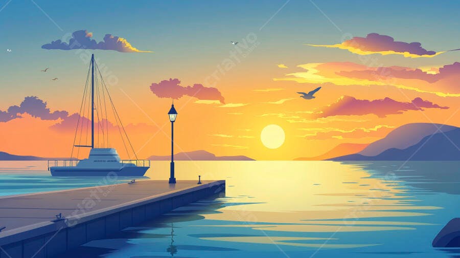 Foto Píer Barco Vela Pôr do Sol Mar Montanhas
