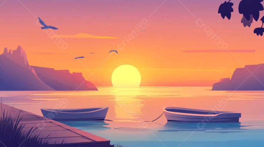 Ilustração Pôr do Sol Barcos no Lago Montanhas e Pássaros