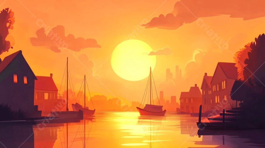 Ilustração Pôr do Sol Rio Barcos Casas Silhueta