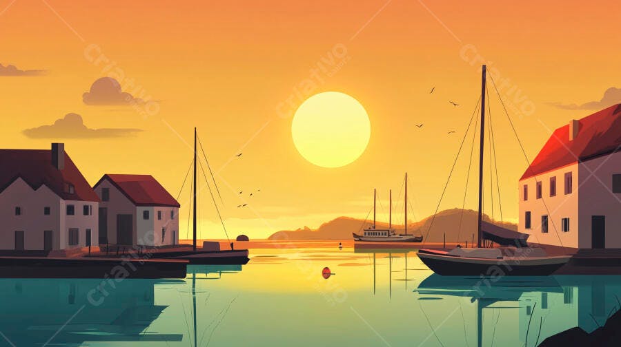 Ilustração Pôr do Sol Porto Marítimo Barcos Casas