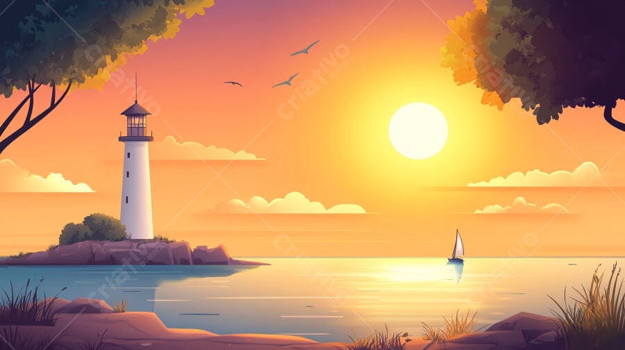 Ilustração Farol Pôr do Sol Mar Barco Vela