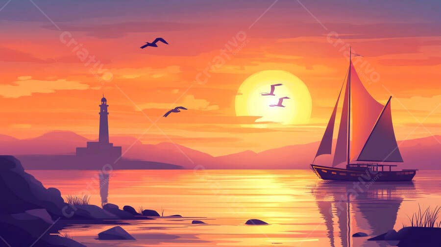 Ilustração Pôr do Sol Barco a Vela Farol Mar Montanhas
