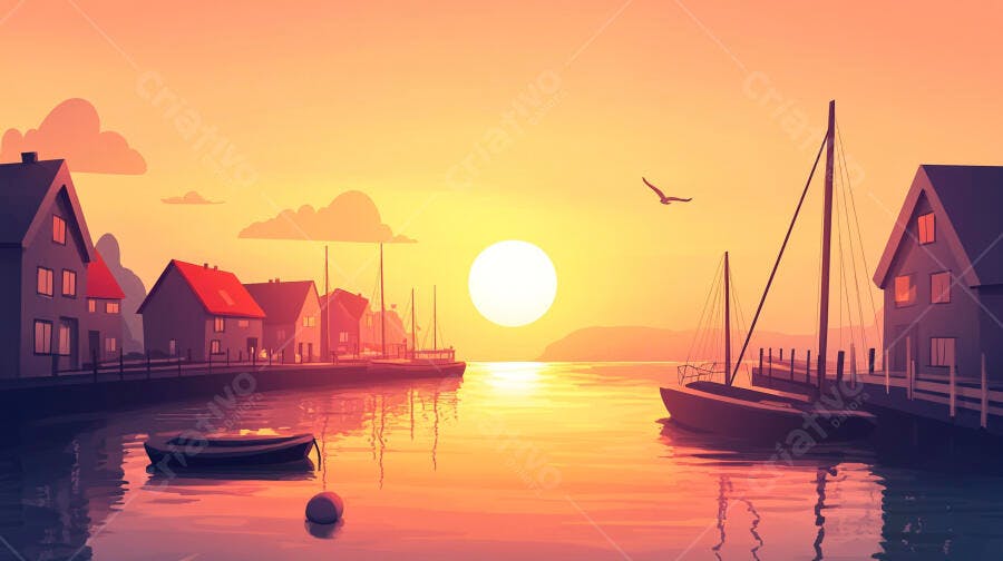 Ilustração Pôr do Sol Porto Barcos Casas Litorâneas