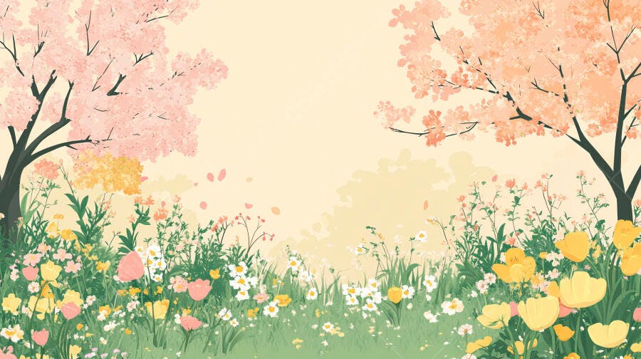 Ilustração Campo Flores Primavera Árvores Rosadas