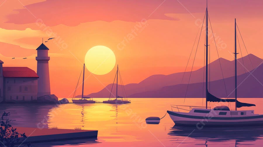 Ilustração Pôr do Sol Barcos Farol Mar Calmo