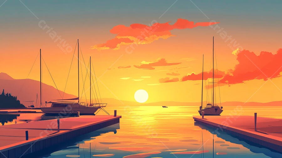 Ilustração Pôr do Sol Marina Barcos Mar Tranquilo