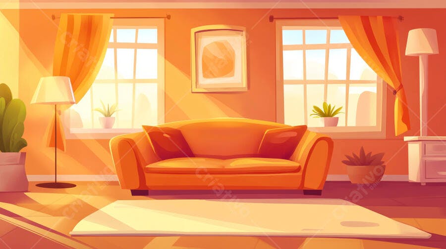 Sala de Estar Vazia Sofá Laranja Luz Solar Quente