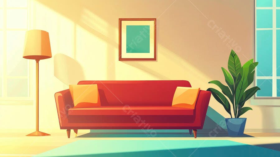 Ilustração Sala de Estar Sofá Vermelho Planta Janela Luz Solar