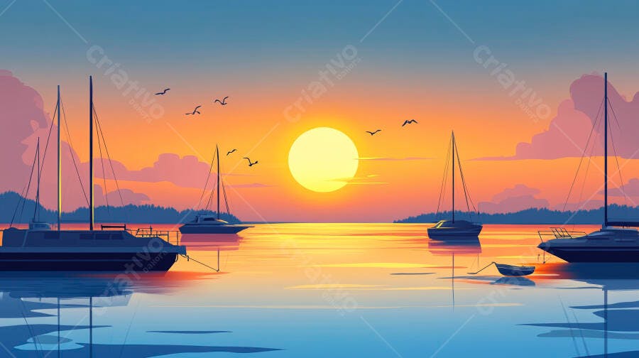 Ilustração Pôr do Sol Barcos Mar Céu Laranja Azul