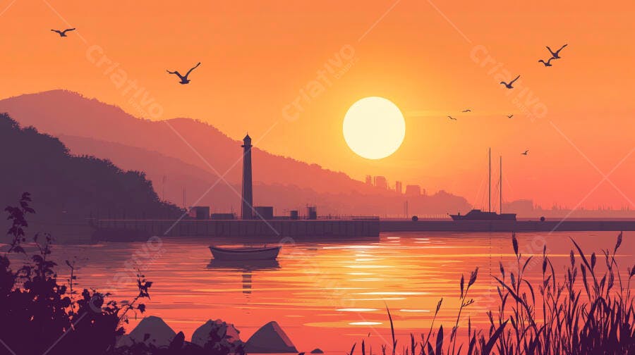 Ilustração Pôr do Sol Laranja Mar Montanhas Farol