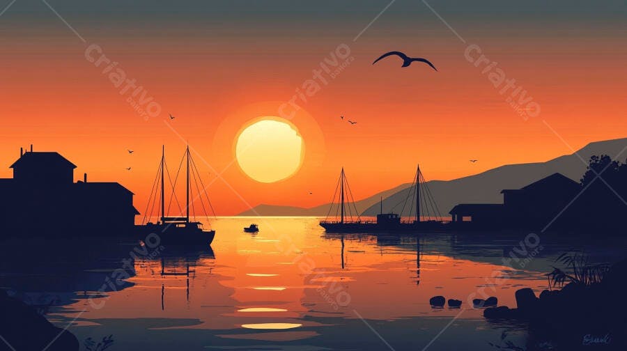 Ilustração Pôr do Sol Barcos na Baía Silhueta Laranja