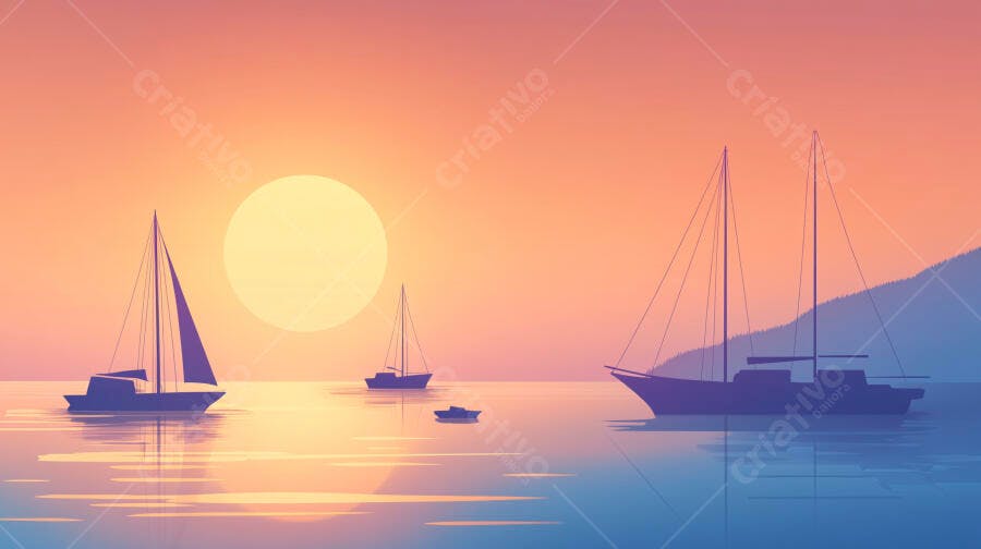Ilustração Barcos Vela Pôr do Sol Mar Oceano